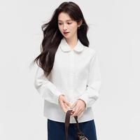 茵曼 纯棉蕾丝花边娃娃领衬衫2026秋季优雅通勤百搭长袖白衬衣女