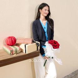 三彩 高智感撞色假两件针织衫长袖V领开衫外套女S