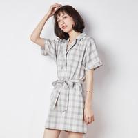 唐狮 复古格子高腰腰带连体短裤女宽松百搭时尚休闲裤子