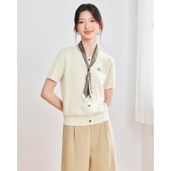 爱依服 商场爱依服2026夏秋韩系复古配丝巾短袖针织衫宽松日常休闲