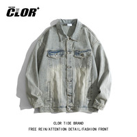 CLOR 潮牌复古做旧水洗牛仔夹克男ins街头宽松春秋外套JK18黄泥色XL