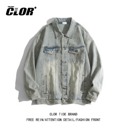 CLOR 潮牌复古做旧水洗牛仔夹克男ins街头宽松春秋外套JK18黄泥色XL