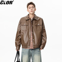 CLOR 美式防水机车皮衣男春秋款潮牌PU皮夹克百搭休闲外套PY02棕色L