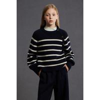 ELLE kids 法式经典条纹圆领纽扣针织衫女童春季慵懒羊毛混纺套头毛衣110/120适合6-7岁宝