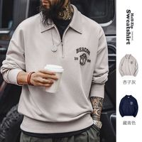马登工装美式复古立体刺绣半开襟卫衣休闲翻领套头polo衫上衣男春