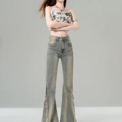 蝴蝶曼 秋冬季新款大码毛边微喇叭牛仔裤女梨型身材胖mm微喇显瘦马蹄裤子 灰蓝色 S