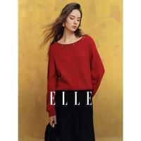 ELLE 2026年春季新款优雅气质领圈手工钉珠设计毛衣女