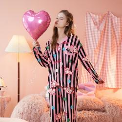 芬腾 春秋翻领经典条纹高级感纯棉女家居服睡衣套装