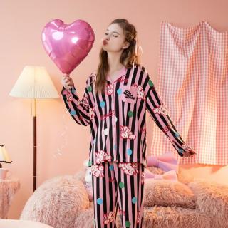 芬腾 春秋翻领经典条纹高级感纯棉女家居服睡衣套装