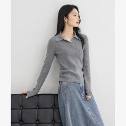DUIBAI 春秋莱赛尔翻领女式针织衫抽绳显瘦气质百搭打底衫上衣