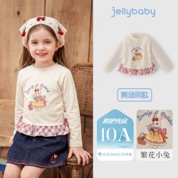jellybaby 女童长袖T恤 卡通格纹花边衣摆