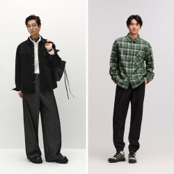 森马 长袖衬衫男格纹绒感牛仔外套不规则下摆冬季宽松翻领上衣时尚