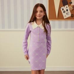 E-LAND KIDS 衣恋童装儿童女童裙子春秋款刺绣花边领中长款时尚连衣裙