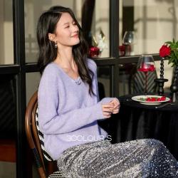 三彩 轻奢V领针织衫年毛衫套头宽松长袖洋气精致女S