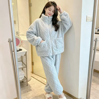 诗莉奥 秋冬保暖珊瑚绒睡衣套装女加绒立领拉链双口袋居家服两件套