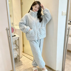 诗莉奥 秋冬保暖珊瑚绒睡衣套装女加绒立领拉链双口袋居家服两件套