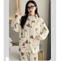 诗莉奥 珊瑚绒睡衣女慵懒风小熊蝴蝶结舒绵绒家居服套装冬季可外穿月子服