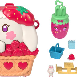 POLLY POCKET 娃娃和玩具套装,草莓野餐兔子紧凑,旅行玩具带 1 个微型娃娃,宠物,水果主题配件