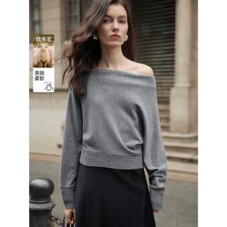 ELLE 荡领设计女式毛衣2026年春季新款法式优雅松弛感露肩针织衫女