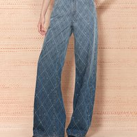 Fabrique 星河牛仔渐变蓝钩花菱格烫钻阔腿牛仔裤