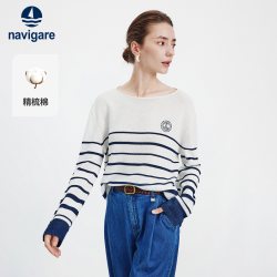 navigare 意大利小帆船高弹圆领针织衫女条纹毛衣