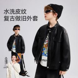 ASK junior 儿童皮衣外套秋季中大童潮酷翻领夹克肌理感上衣男童