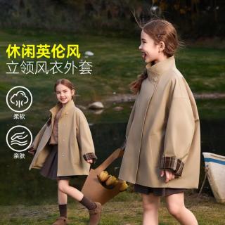 ASK junior 儿童外套2026秋中大童英伦风立领中长款风衣女童格纹撞色童装