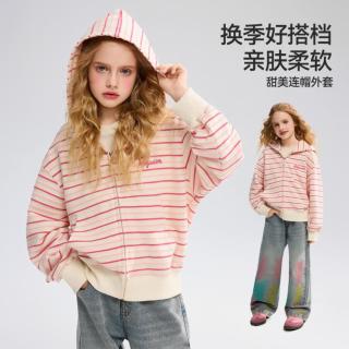 ASK junior 儿童外套2026秋季中大童条纹撞色女童柔软亲肤连帽外套