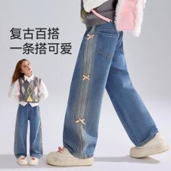 ASK junior 儿童裤子2026秋季中大童蝴蝶结牛仔裤女童宽松阔腿裤休闲长裤
