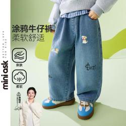 ASK junior 儿童裤子2026秋季小童牛仔裤男童趣味涂鸦宽松直筒裤休闲长裤