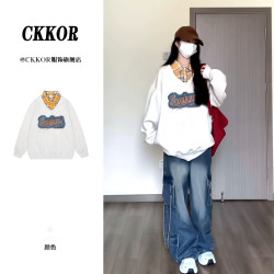 CKKOR秋冬季时尚宽松休闲假两件卫衣女美式潮牌ins刺绣设计感上衣