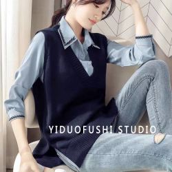 V领大码针织马甲女2026秋冬新款宽松中长款背心坎肩