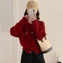 2026新款韩系简约休闲百搭撞色刺绣小马圆领长袖针织开衫女