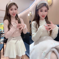 珍珠高级感毛衣女款2026新款修身气质打底衫春秋半高领针织衫上衣