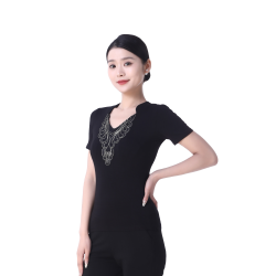 刺绣修身立领吸汗弹力透气舞蹈运动广场练功形体短袖女上衣162 D