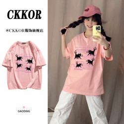 CKKOR粉色短袖字母小黑猫印花情侣夏季休闲t恤半袖百搭宽松圆领