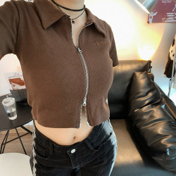 设计感上衣夏季百搭开衫短袖纯棉修身显瘦美式女款polo衫短款辣妹