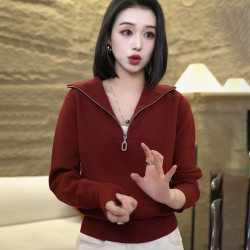 春秋翻领半拉链针织衫上衣女秋冬季新款时尚百搭显瘦套头内搭毛衣