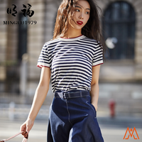 33162短袖天竹纤维圆领条纹针织红边诱气女装夏季通勤薄款藏蓝色