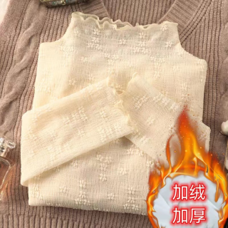 内搭木耳边上衣半高领加绒蕾丝钩花打底衫女秋冬新款性感长袖修身