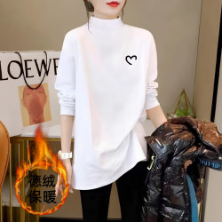 德绒半高领打底衫女2024秋冬简约白色宽松上衣中长款加厚长袖T恤