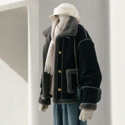 8227冬季新款别致复古加厚毛毛上衣女黑色仿麂皮绒皮毛一体外套女