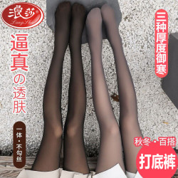 浪莎 假透肉打底裤春秋厚款一体空姐加绒连袜光腿神器女冬灰透肤