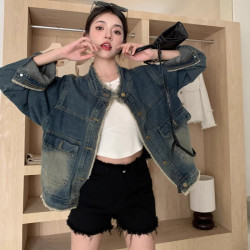 港味复古毛边牛仔外套女2026年新款春季开衫外套宽松显瘦夹克上衣