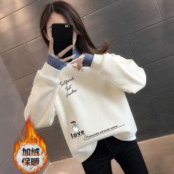 秋冬季半高领加绒加厚假两件休闲女2026新款韩版宽松百搭长袖学生