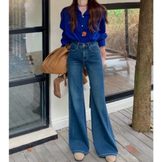 202秋季新款四面弹刺绣微喇阔腿牛仔裤女高腰遮肉显瘦长裤女