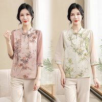 新中式妈妈装夏季T恤大码复古小衫中老年女士衬衫雪纺上衣中国风