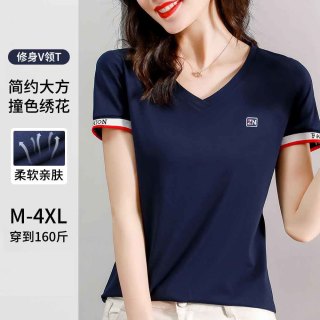 凉感精梳棉时尚简约v领短袖t恤女士2026新款夏季修身显瘦韩版上衣
