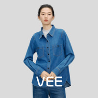 VEE 短视频VEE法式复古三本针撞色线设计宽松减龄牛仔衬衫