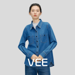 VEE 短视频VEE法式复古三本针撞色线设计宽松减龄牛仔衬衫